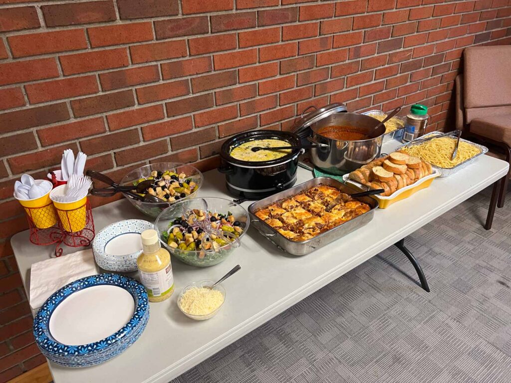 table with dishes of food.