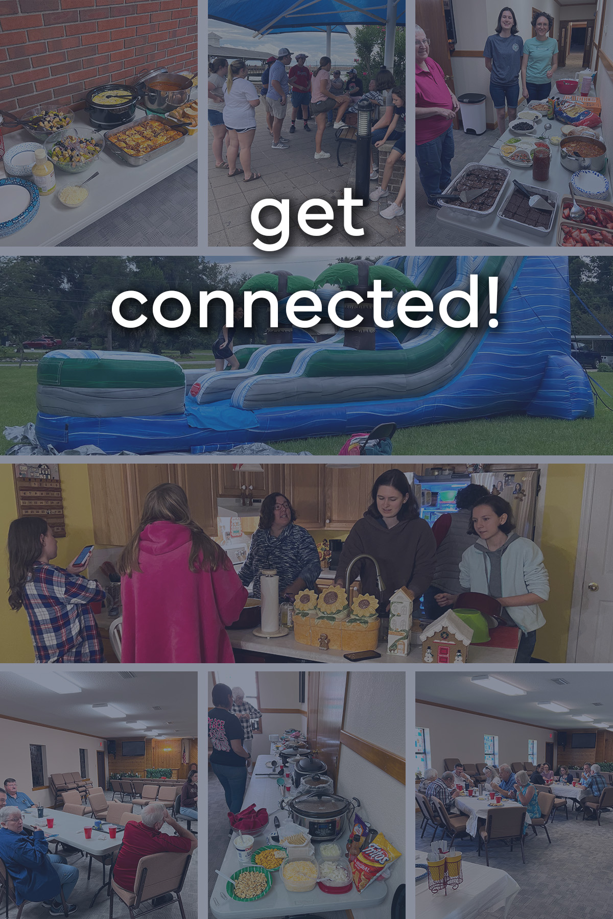 collage of eight photos of church activities with the words "get connected".