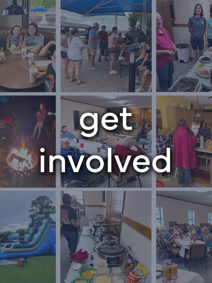 collage of nine photos of church activities with the words "get involved".