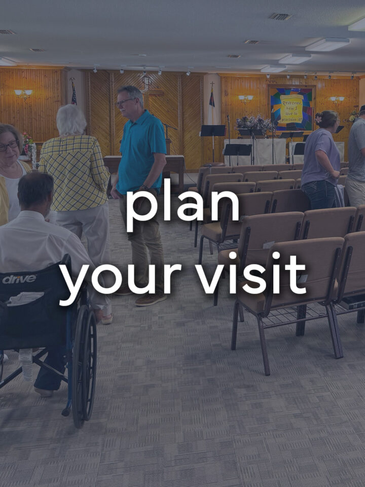 people visiting in the church sanctuary with the words "plan your visit".