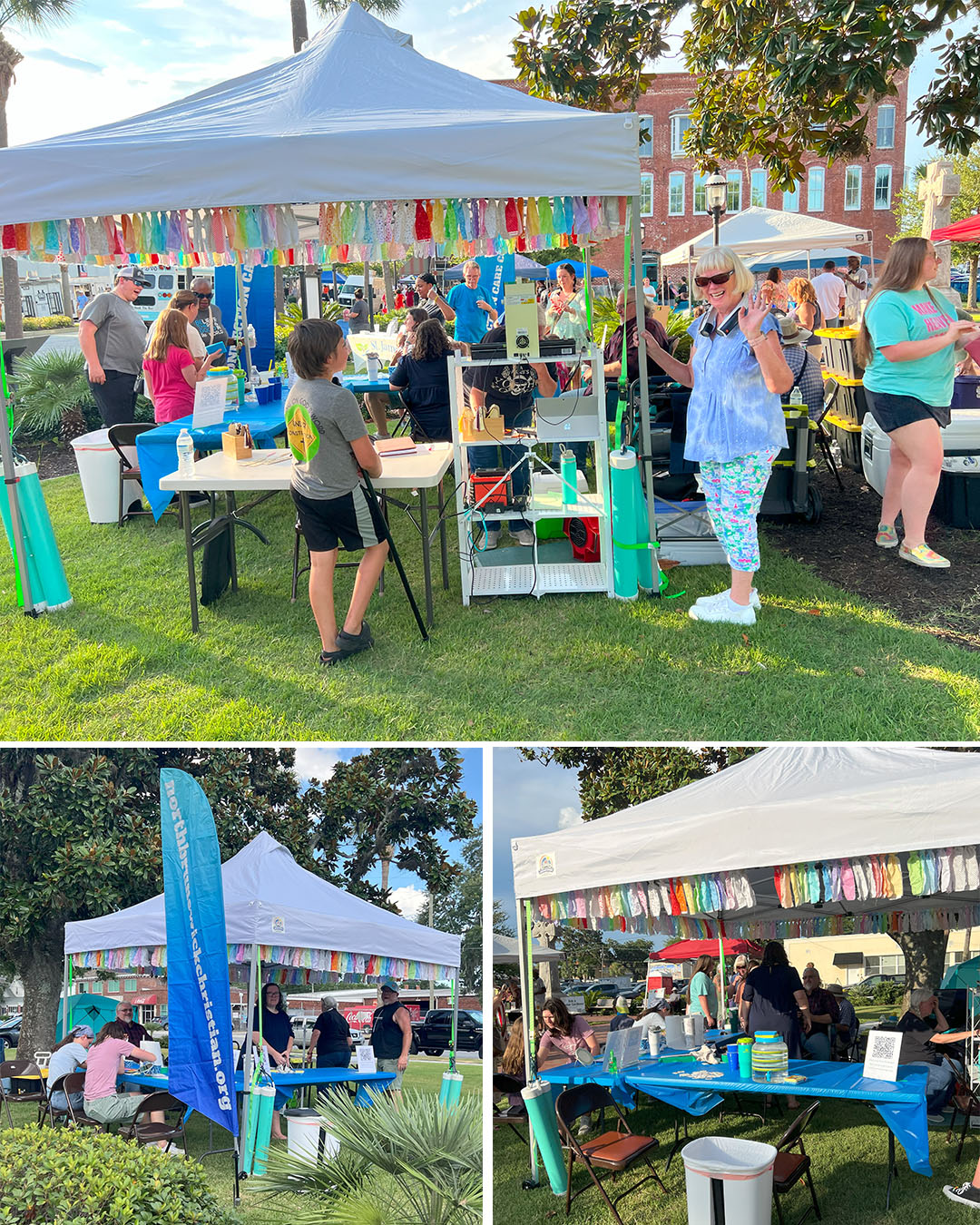 First Friday event with people in a white tent outdoors.